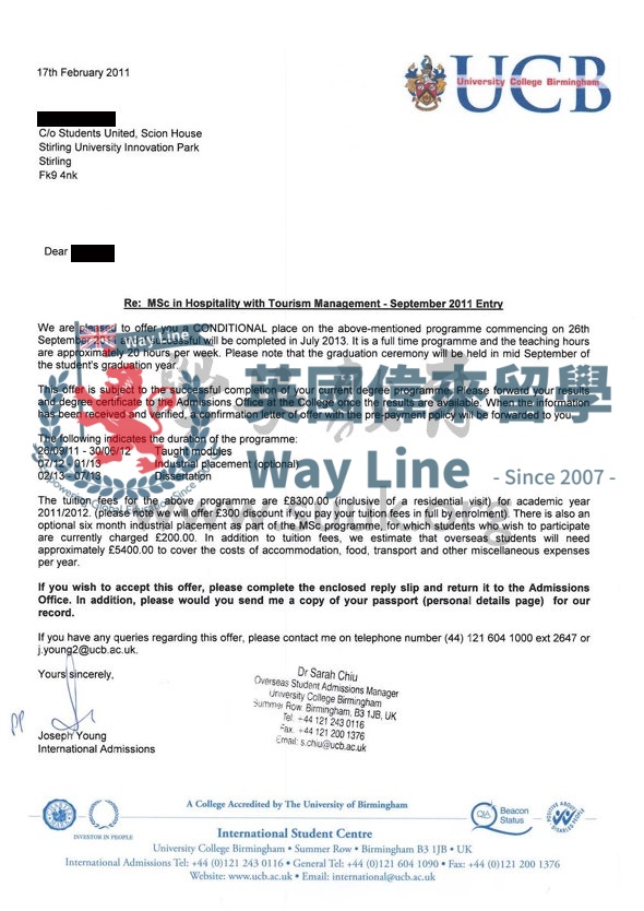 英國伯明翰大學學院酒店和旅遊管理學碩士