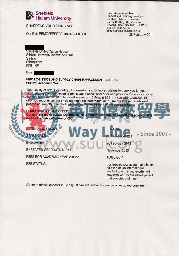 英國謝菲爾德哈雷姆大學物流和供應鏈管理學碩士