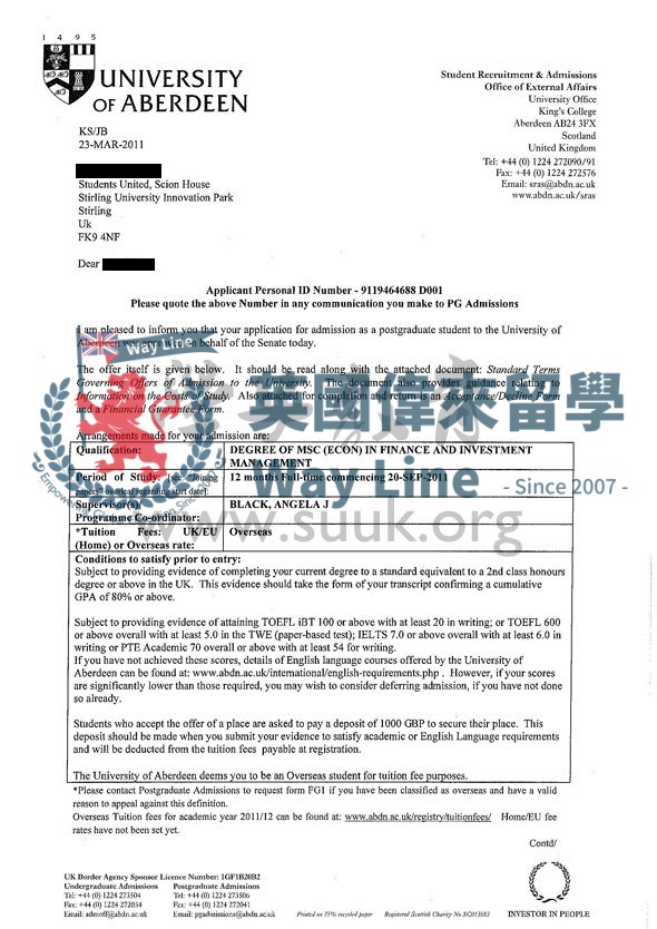 英國阿伯丁大學金融和投資管理學碩士