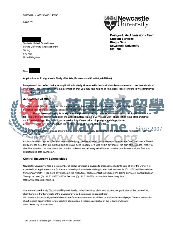 英國紐卡斯爾大學藝術，商務和創新學碩士