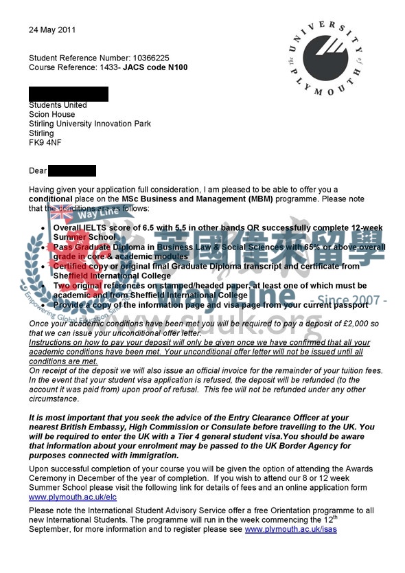英國普利茅斯大學商務和管理學碩士