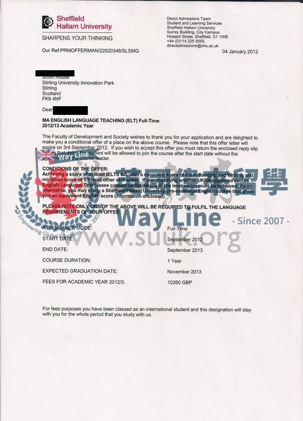 英國謝菲爾德哈雷姆大學英語教學碩士