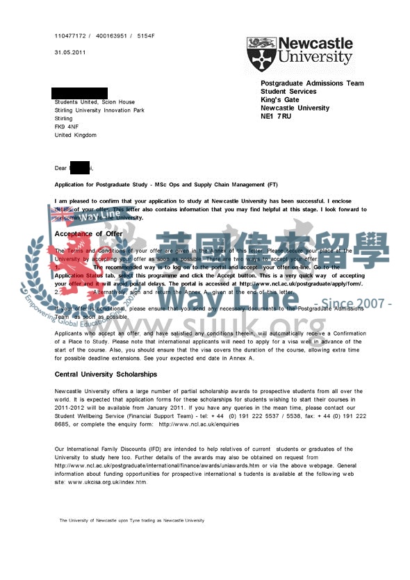 英國紐卡斯爾大學操作和供應鏈管理學碩士