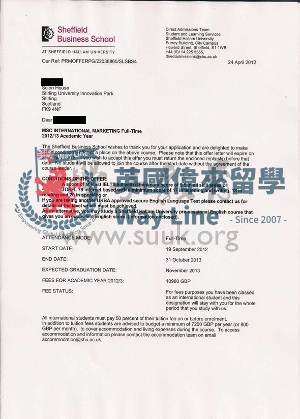 英國謝菲爾德哈雷姆大學國際營銷學碩士