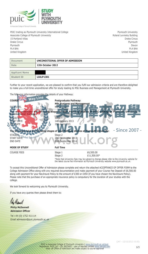 英國普利茅斯大學商務和管理預科+碩士