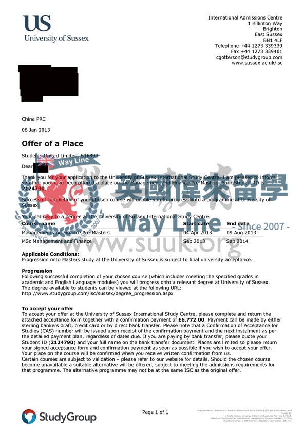 英國薩塞克斯大學管理和財務預科+碩士