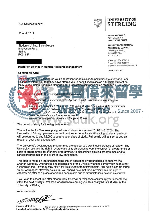 英國斯特林大學人力資源管理碩士