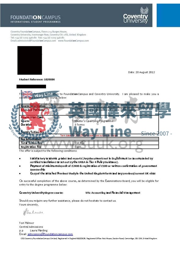 英國考文垂大學會計與財務管理碩士預科+碩士