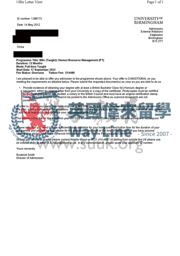 英國伯明翰大學人力資源管理碩士