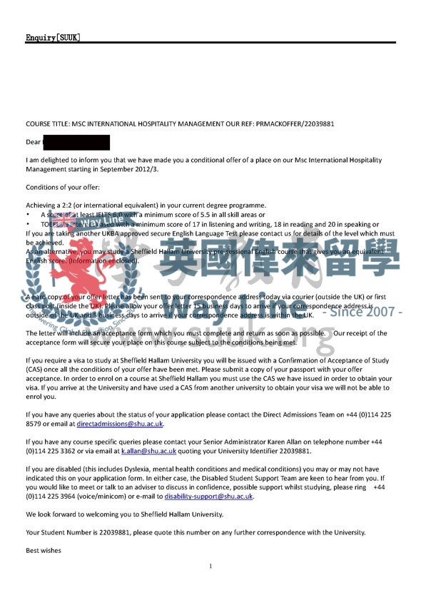 英國謝菲爾德哈勒姆大學國際酒店管理碩士