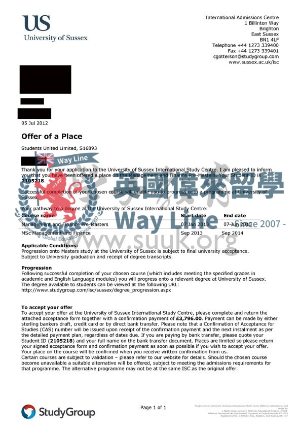 英國薩塞克斯大學管理和財務預科+碩士