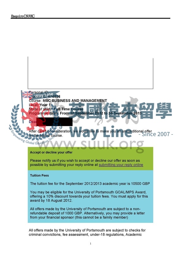 英國朴茨茅斯大學商務和管理學碩士