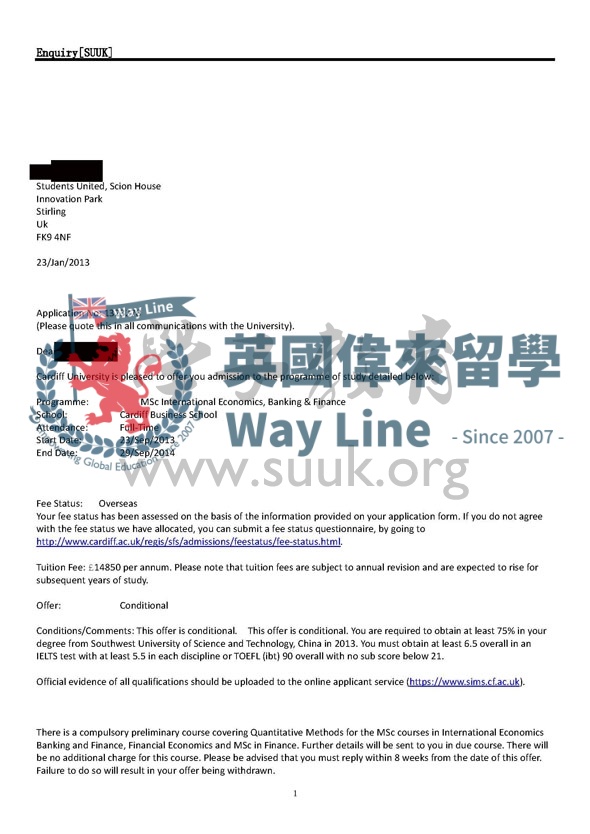 英國卡迪夫大學國際經濟，銀行與金融碩士