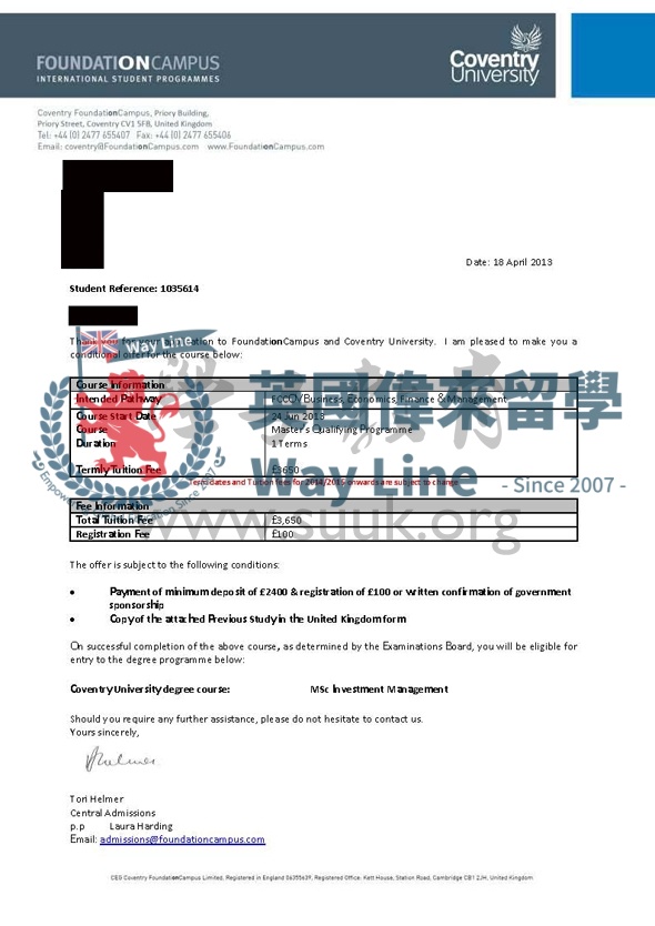 英國考文垂大學投資管理碩士預科+碩士