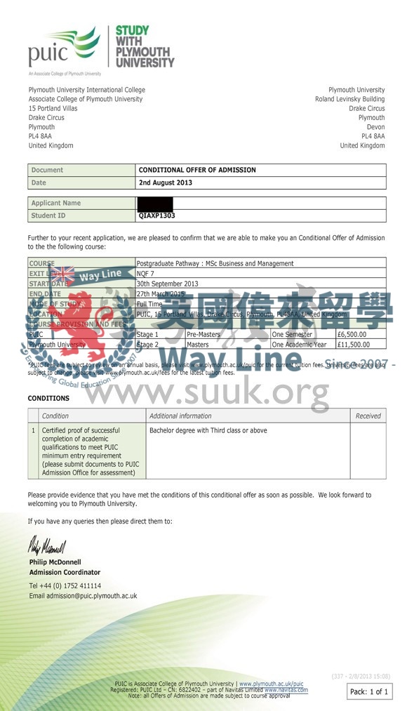 英國普利茅斯大學商務和管理碩士