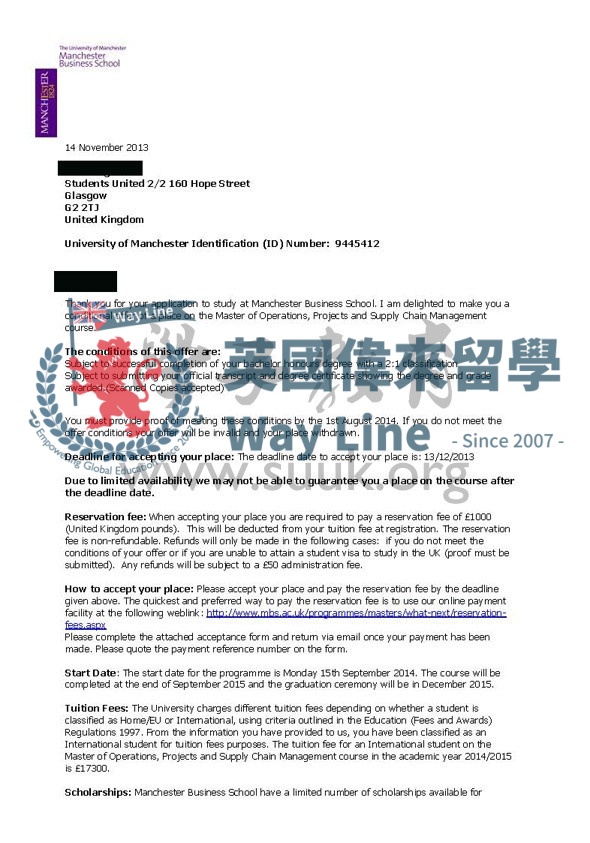 英國曼徹斯特大學業務，項目和供應鏈管理碩士