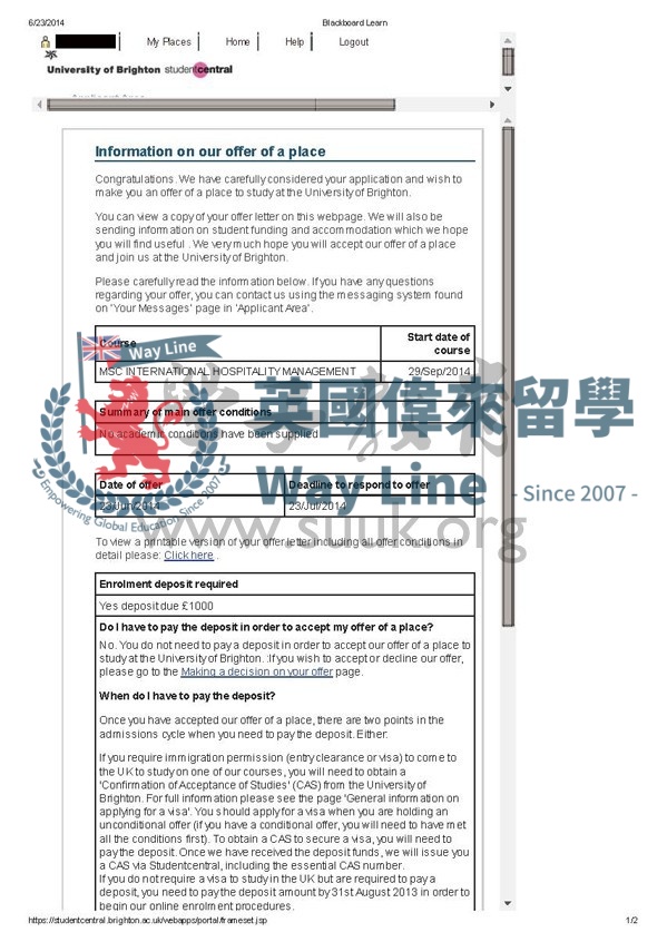 英國布萊頓大學國際酒店管理碩士
