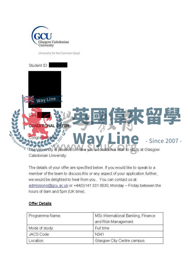 英國格拉斯哥卡利多尼亞大學國際銀行，金融和風險管理碩士