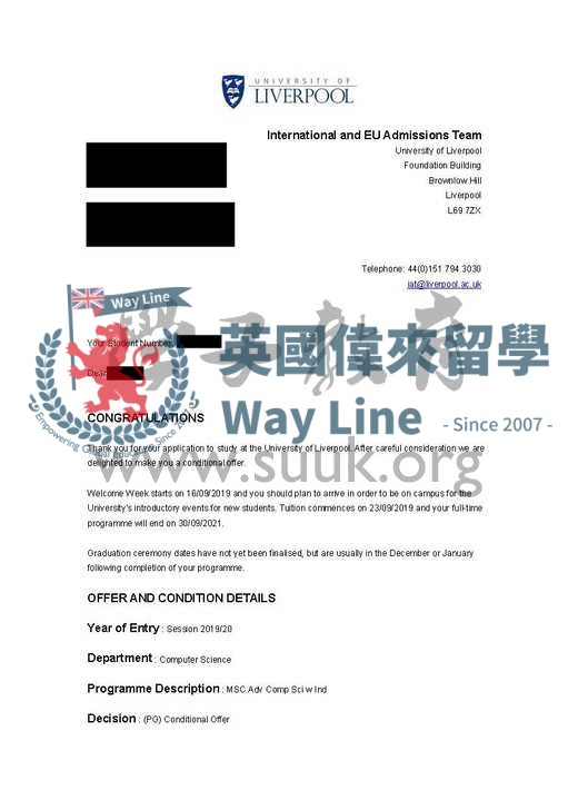 英國利物浦大學高級計算機科學（加一年實習）碩士