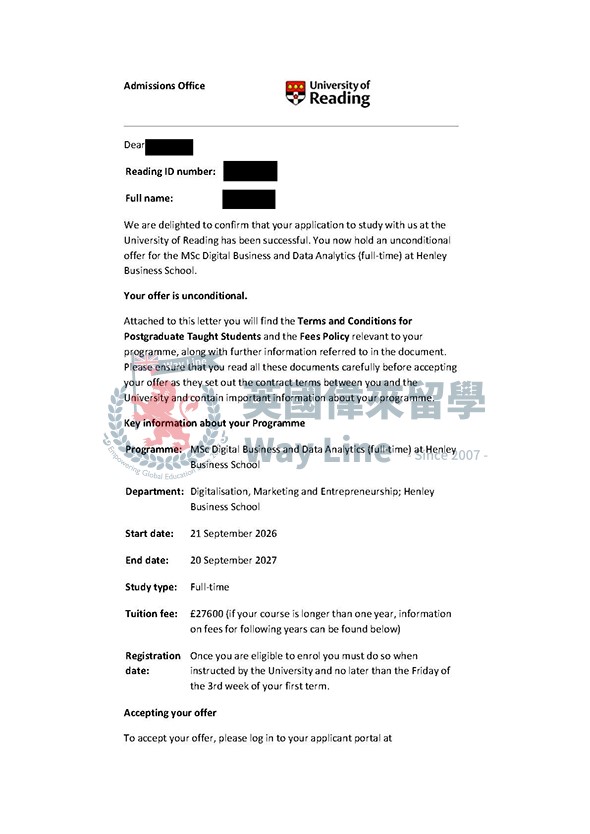 英國雷丁大學數字商業與數據分析碩士申請案例