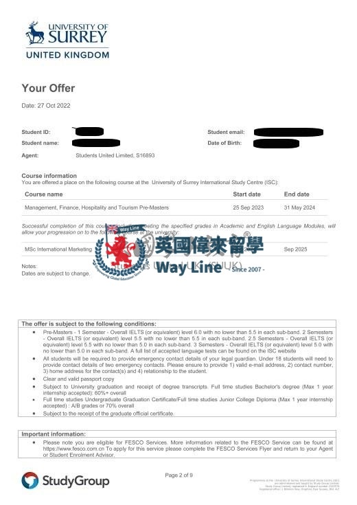 英國薩里大學管理、金融、酒店和旅遊碩士預科+國際營銷碩士