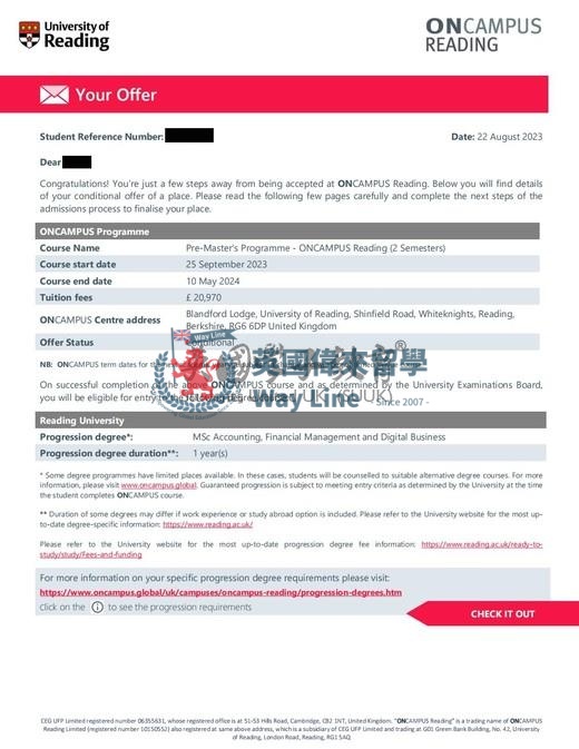 英國雷丁大學碩士預科課程-ONCAMPUS（2學期）+會計、財務管理和數字商業碩士