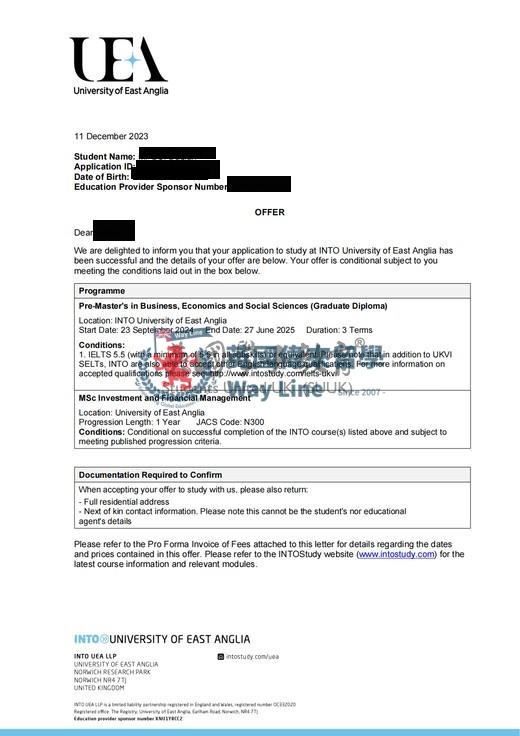 英國東安格利亞大學商業、經濟和社會科學碩士預科（研究生文憑）+投資和財務管理碩士